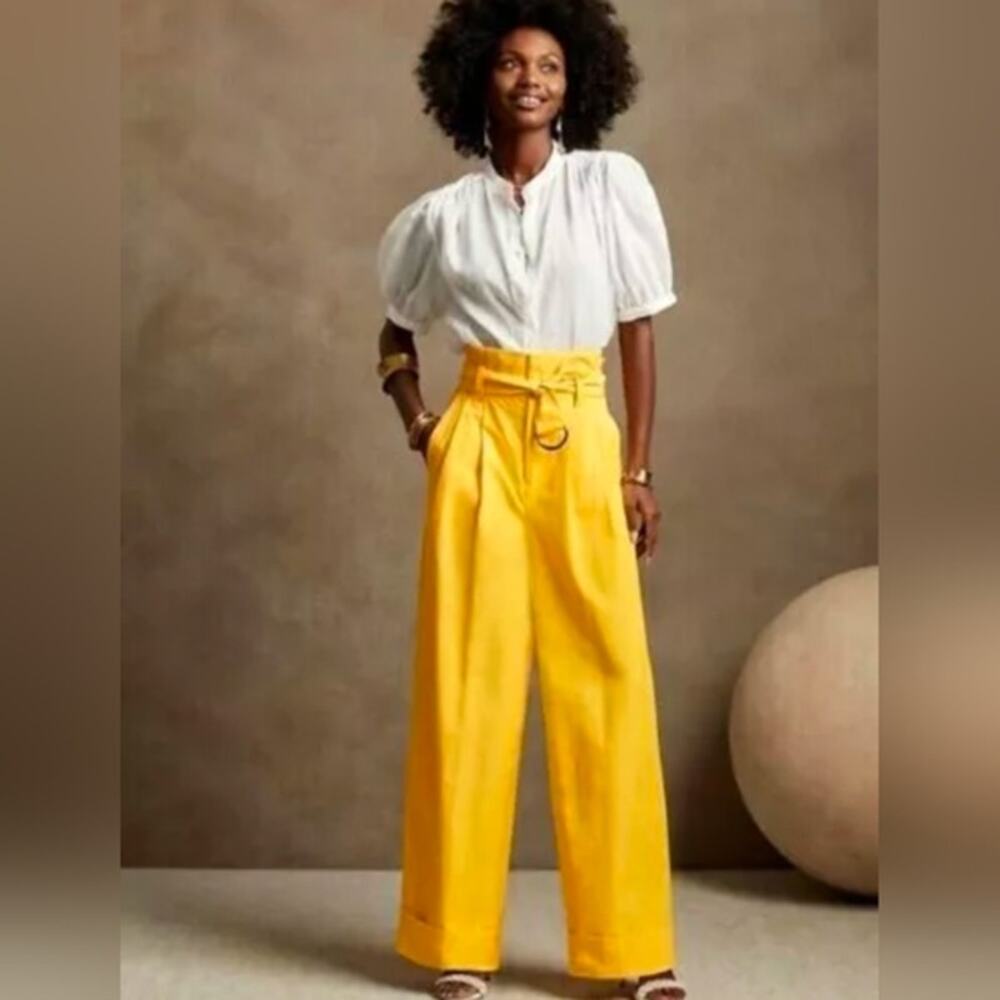 Banana Republic Yellow Cotton Blend Wide-Leg Paperbag Belted Pants, size 0S